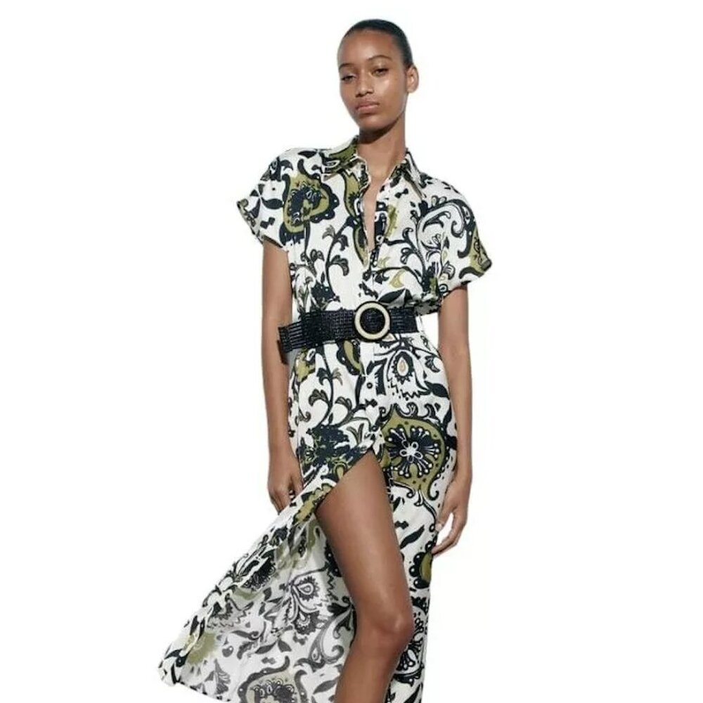 ZARA PRINTED DRESS WITH BELT MULTICOLORED SIZE M